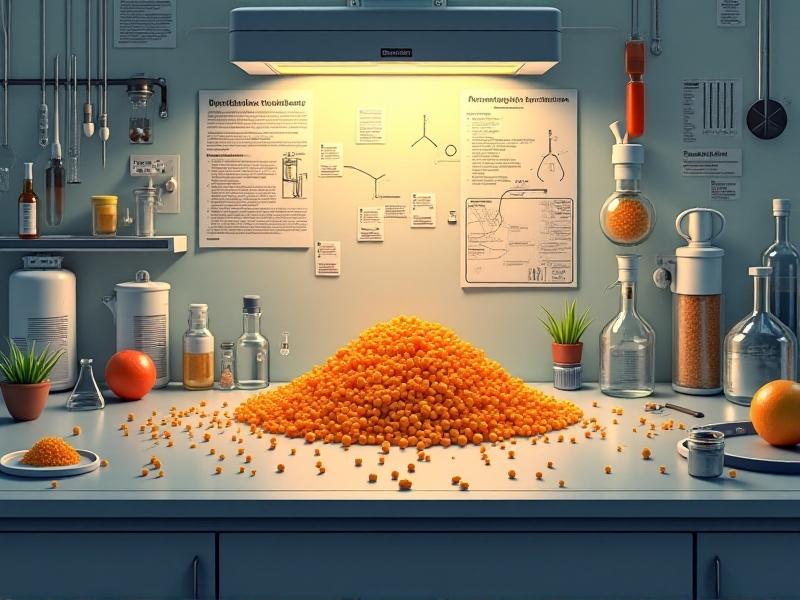A detailed illustration of the chemical process of urea breakdown in cat waste, showing ammonia molecules being released. The image is set in a laboratory environment with scientific diagrams and equipment, highlighting the chemistry behind odor production.